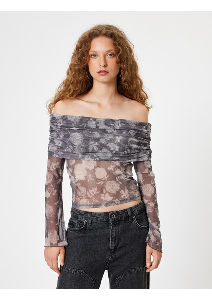 Transparan Bluz Madonna Yaka Uzun Kollu Çiçek Desenli modelleri