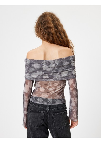 Transparan Bluz Madonna Yaka Uzun Kollu Çiçek Desenli fırsatları