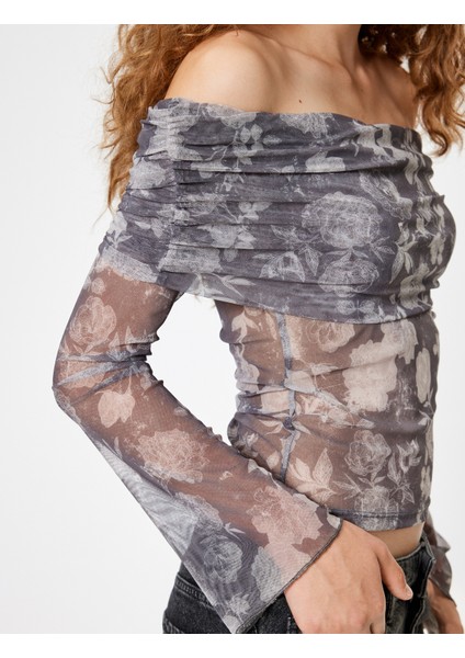 Transparan Bluz Madonna Yaka Uzun Kollu Çiçek Desenli indirimleri