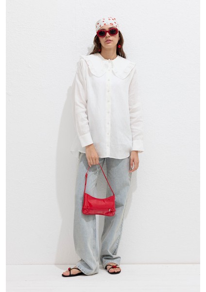 Yaka Detaylı Keten Gömlek Ekru fiyatları