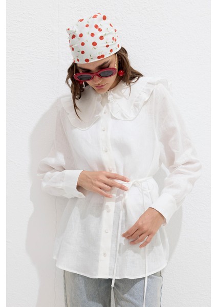 Yaka Detaylı Keten Gömlek Ekru indirimleri