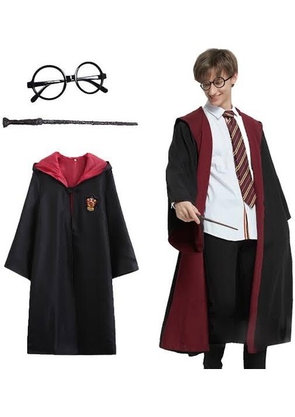 Harry Potter Gryffindor Kapişonlu Çocuk Kostüm + Asa + Gözlük Seti 9-10 Yaş