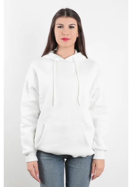 Kadın Kapüşonlu Oversize Sweatshirt Üç İplik Kanguru Cepli Beyaz Hoodie - 2502