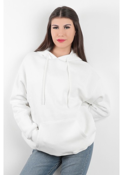 Kadın Kapüşonlu Oversize Sweatshirt Üç İplik Kanguru Cepli Beyaz Hoodie - 2502