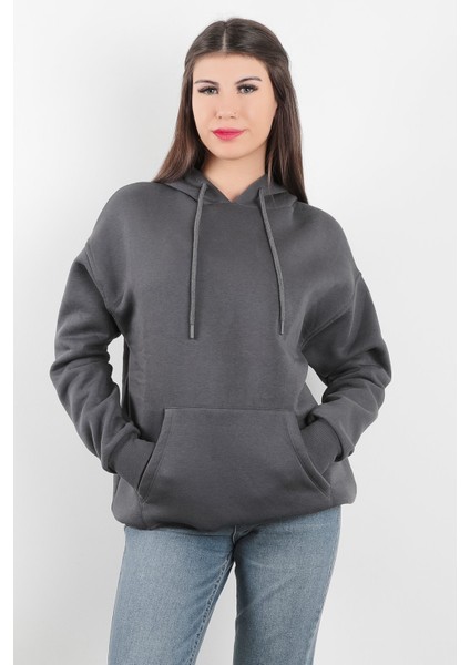 Kadın Kapüşonlu Oversize Sweatshirt Üç İplik Kanguru Cepli Füme Hoodie - 2502