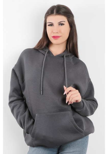 Kadın Kapüşonlu Oversize Sweatshirt Üç İplik Kanguru Cepli Füme Hoodie - 2502