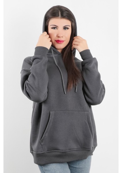 Kadın Kapüşonlu Oversize Sweatshirt Üç İplik Kanguru Cepli Füme Hoodie - 2502