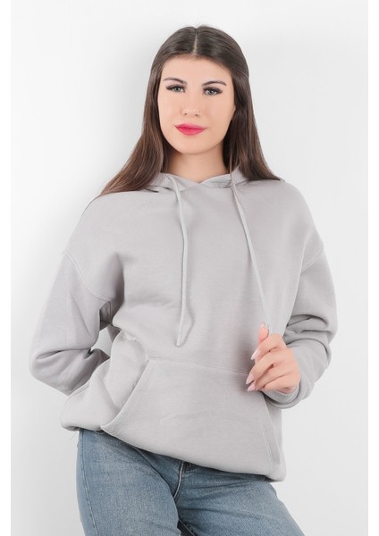 Kadın Kapüşonlu Oversize Sweatshirt Üç İplik Kanguru Cepli Gri Hoodie - 2502