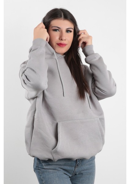 Kadın Kapüşonlu Oversize Sweatshirt Üç İplik Kanguru Cepli Gri Hoodie - 2502