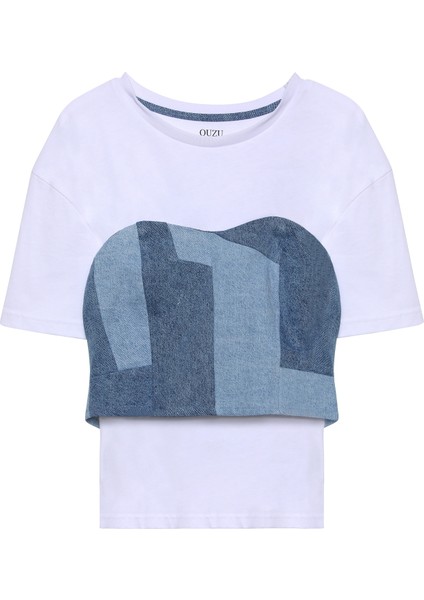Kot Büstiyer Detaylı Basic T-Shirt Beyaz