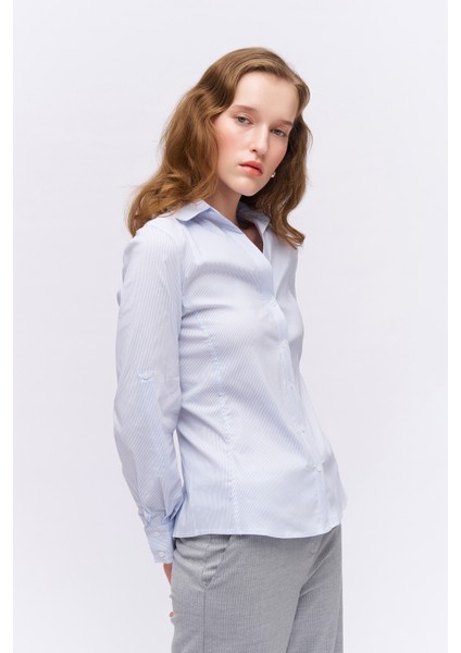 Belden Oturtma Detaylı Çizgili Gömlek Mavi modelleri