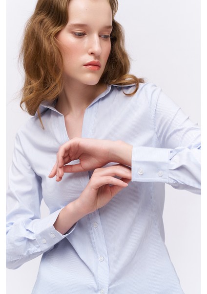 Belden Oturtma Detaylı Çizgili Gömlek Mavi fırsatları