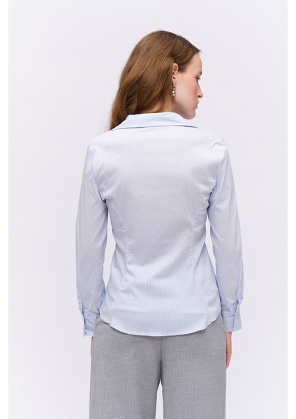 Belden Oturtma Detaylı Çizgili Gömlek Mavi indirimleri