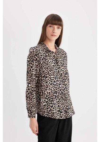Regular Fit Leopar Desenli Uzun Kollu Gömlek I8266AZ24AU fırsatları