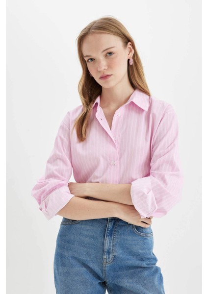 Oversize Geniş Kalıp Çizgili Etek Ucu Lastikli Poplin Uzun Kollu Gömlek D4007AX24AU modelleri