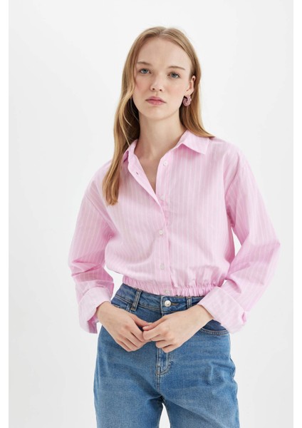 Oversize Geniş Kalıp Çizgili Etek Ucu Lastikli Poplin Uzun Kollu Gömlek D4007AX24AU fırsatları