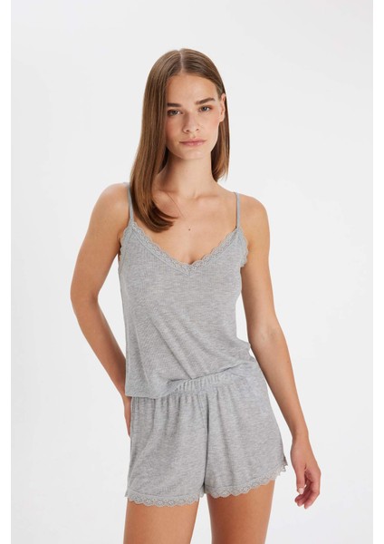 Pijama Takım Ribana Askılı Üst Şort-Fall in Love C7996AX24HS