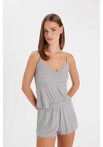Pijama Takım Ribana Askılı Üst Şort-Fall in Love C7996AX24HS