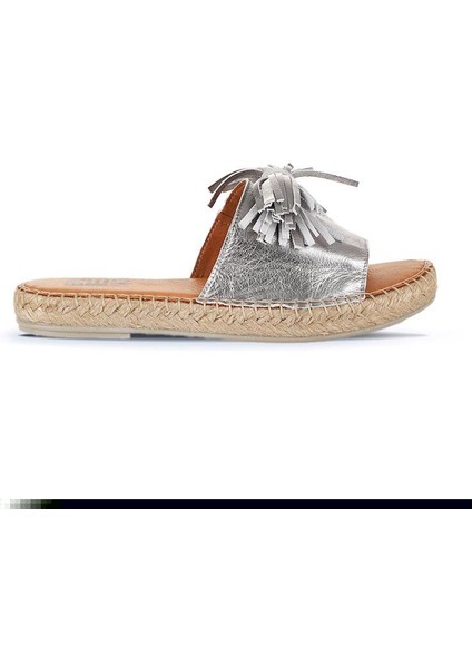 Gümüş Parlak Deri Kadın Espadril Terlik 01WN3000