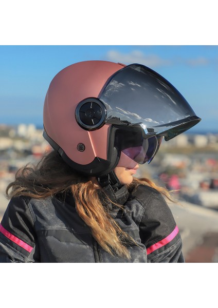 Classy Mat Gold Pembe Kask Gri Cam