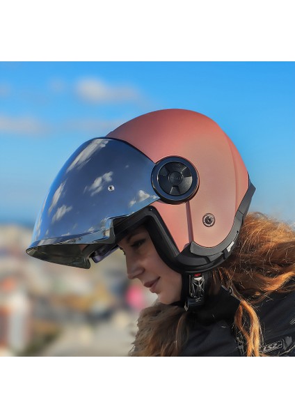 Classy Mat Gold Pembe Kask Gri Cam