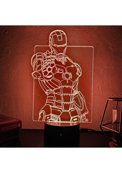 Lerad-Lazer Art Demir Adam (Iron Man) 3D Gece Lambası.16 Renk+ Dokunmatik ve Uzaktan Kumandalı Işık. Hediye Olarak Mükemmeldir.