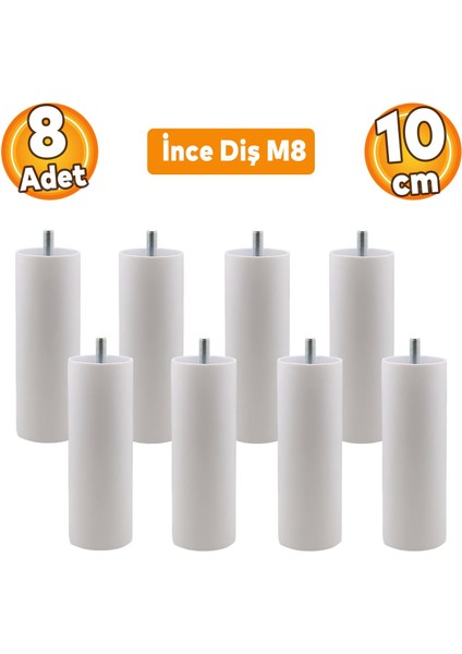 Mobilya Kanepe Koltuk Baza Yükseltici M8 Civatalı İnce Diş Destek Ayağı Beyaz 10 cm 8 Adet