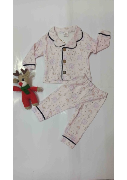 Desenli Yakalı Kız Bebek Pijama Takımı