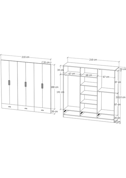 Inci 6 Kapak 3 Çekmeceli Gardırop  Mdf