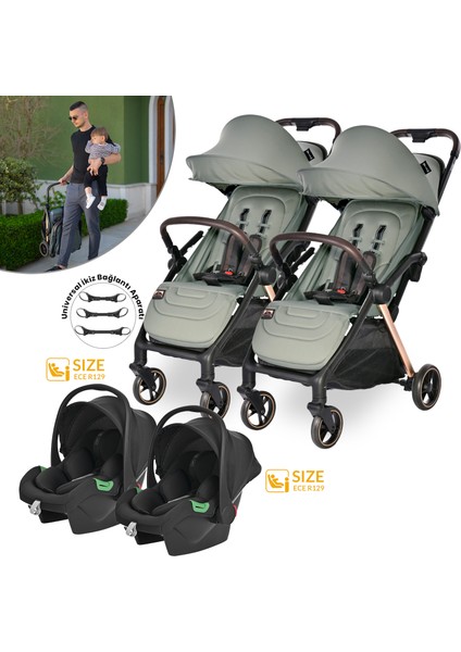 Loret Otomatik Katlanan Kabin Boy Ikiz & Travel Set Bebek Arabası - Green indirimleri