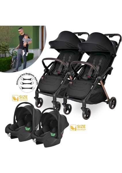 Loret Otomatik Katlanan Kabin Boy Ikiz & Travel Set Bebek Arabası - Black indirimleri