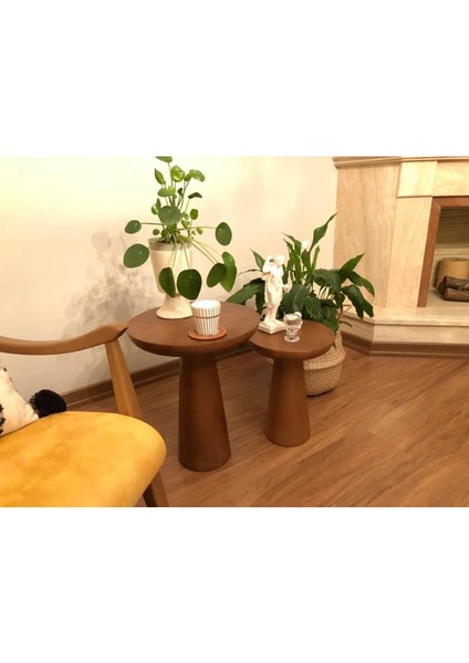 Simillo Home & Living Wood Wooden Ahşap 2'li Set Fitilli Mantar Yan Sehpa Koyu Ceviz