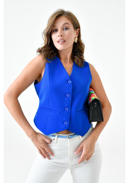 Saks Mavi Bağlamalı V Yaka Yelek modelleri