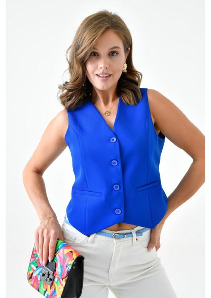 Saks Mavi Bağlamalı V Yaka Yelek fırsatları