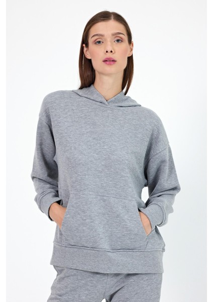 Kadın Kapüşonlu Gri Melanj Basic Hoodie Sweatshirt