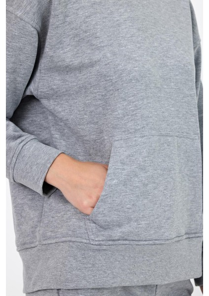 Kadın Kapüşonlu Gri Melanj Basic Hoodie Sweatshirt