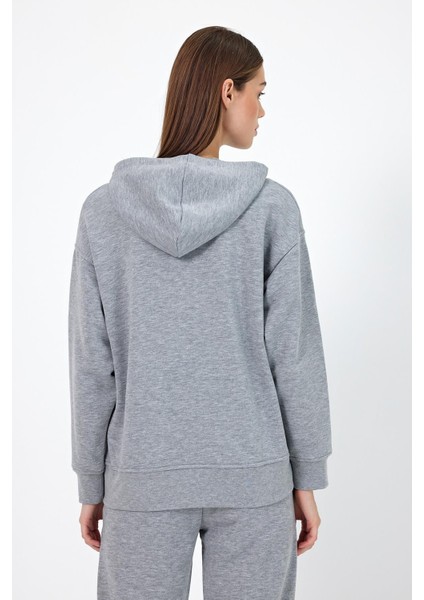 Kadın Kapüşonlu Gri Melanj Basic Hoodie Sweatshirt