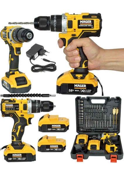 Tekno Trust 58 Volt Darbeli Çelik Madren Extra 35 Parça Usta Setli Şarjlı Akülü Vidalama Matkap 6.0 Ah ve Üstü