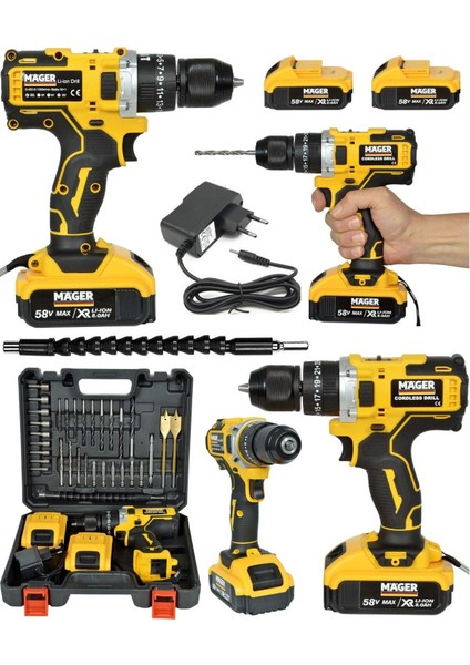 Tekno Trust 58 Volt Darbeli Çelik Madren Extra 35 Parça Usta Setli Şarjlı Akülü Vidalama Matkap 6.0 Ah ve Üstü
