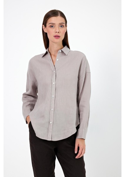 Kadın Alina Gri Oversize Keten Gömlek