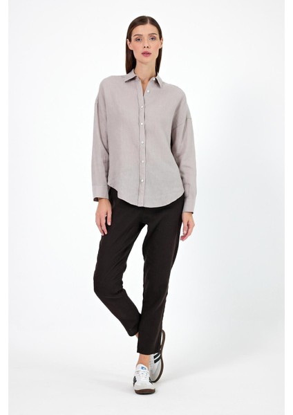 Kadın Alina Gri Oversize Keten Gömlek modelleri