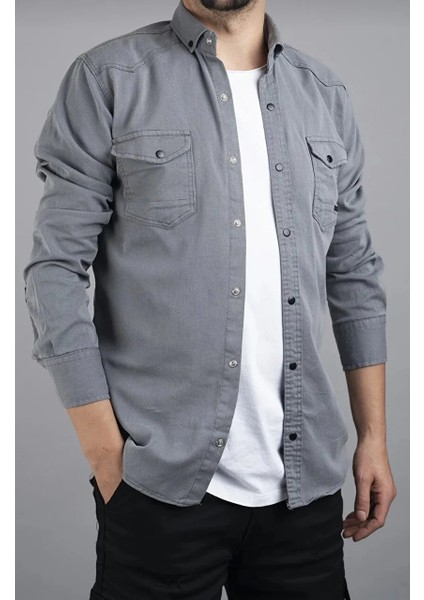 Slim Fit Erkek Kot Gömlek Gri