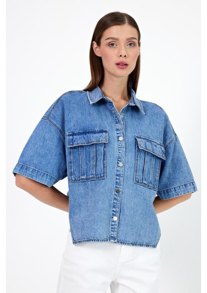 Kadın Alissa Kısa Kollu Oversize Med Blue Jean Gömlek