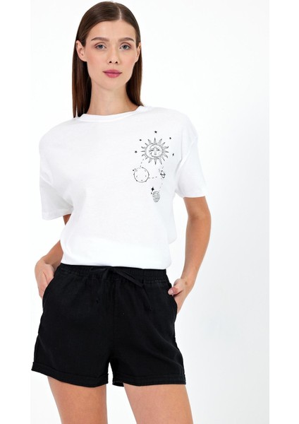 Kadın Space Beyaz Baskılı Bisiklet Yaka Oversize T-Shirt