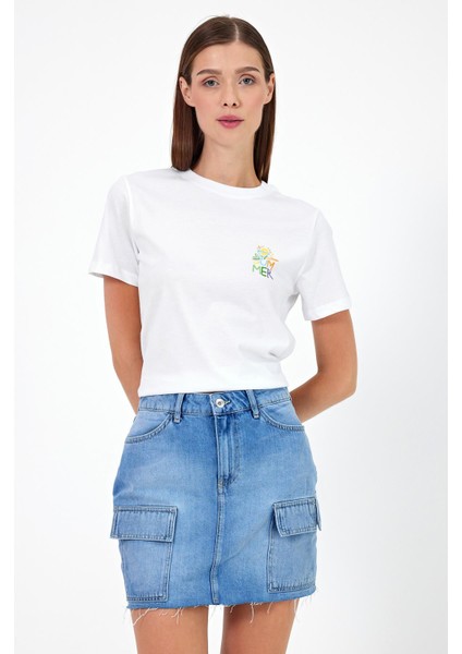 Kadın Summer Beyaz Bisiklet Yaka Yazı Baskılı T-Shirt fiyatları
