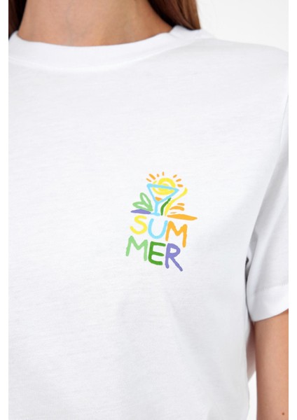 Kadın Summer Beyaz Bisiklet Yaka Yazı Baskılı T-Shirt modelleri