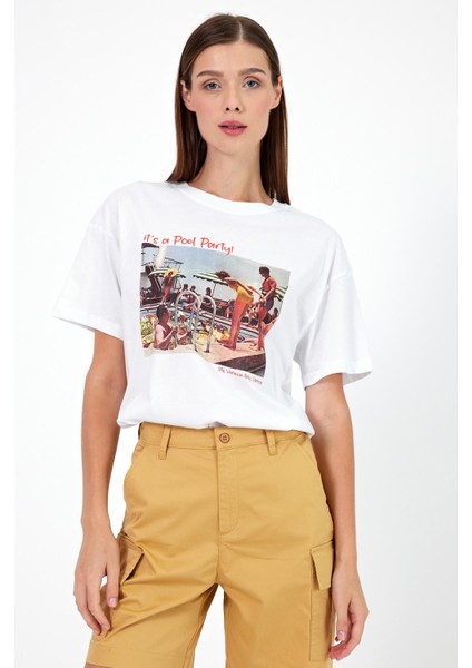 Kadın Pool Party Beyaz Baskılı Bisiklet Yaka T-Shirt