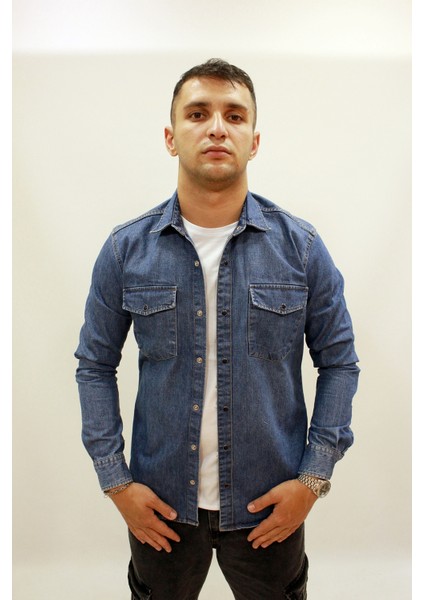 Eg 1849 Erkek Çift Cepli Çıtçıtlı Kalın Kot Gömlek Mavi