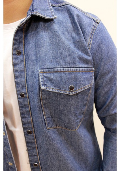 Eg 1849 Erkek Çift Cepli Çıtçıtlı Kalın Kot Gömlek Mavi modelleri