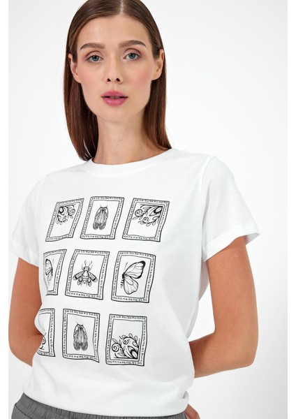 Kadın Butterfly Beyaz Baskılı Bisiklet Yaka Regular Fit T-Shirt modelleri